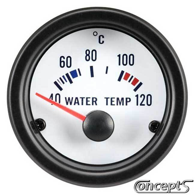 Watertemperatuurmeter 40 tot 120 graden Celsius. Diameter 52 mm. Wit met zwarte rand.