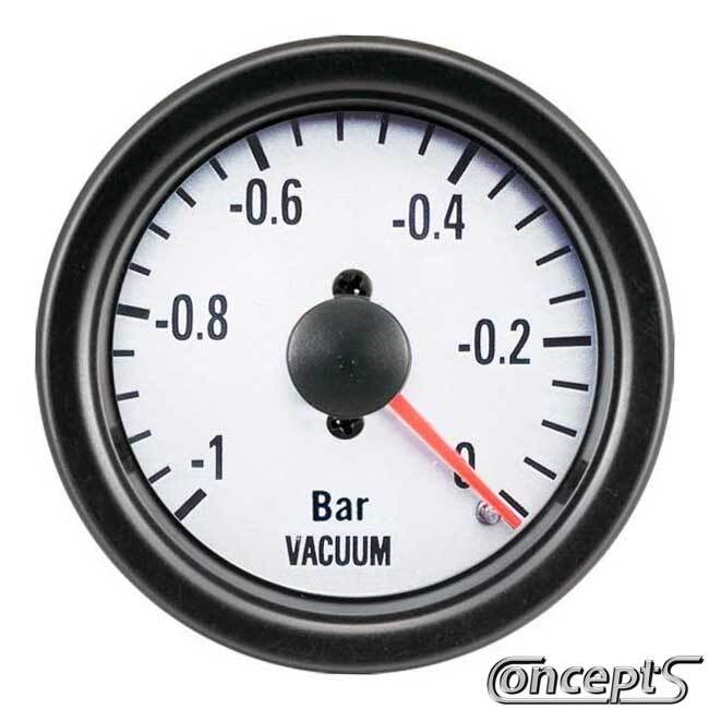 Vacuummeter -1 tot 0.2 bar. Diameter 52 mm. Wit met zwarte rand.
