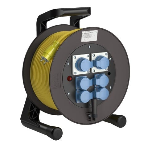 Professional Line Power (L) indicator MD6 Yellow<br />GT 380.MD6L.50PU325*<br />Part-No. 275 50 535 000<br />Degree of protection IP54<br />Cable (m) 50<br />Cable type H07BQ-F 3G2,5.                                                                                                                          6 earthed machine sockets, 2-pin + E, 16A, 230V<br />self-closing hinged covers