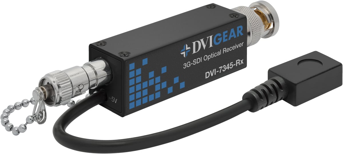 DVI-7345-Rx is an ultra-compact, high performance fiber optic Receiver  that supports SDI, HD-SDI and 3G-SDI extension over a single strand of Single-Mode optical fiber at distances up to 1.2 miles (~ 2000 meters).  T