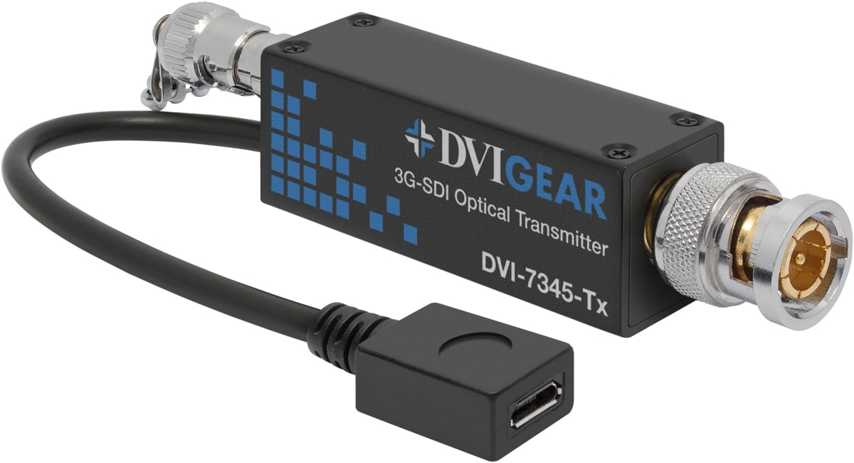 DVI-7345-Tx is an ultra-compact, high performance fiber optic Transmitter  that supports SDI, HD-SDI and 3G-SDI extension over a single strand of Single-Mode optical fiber at distances up to 1.2 miles (~ 2000 meters).  T