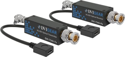 DVI-7345-SET is an ultra-compact, high performance fiber optic extender that supports SDI, HD-SDI and 3G-SDI extension over a single strand of Single-Mode optical fiber at distances up to 1.2 miles (~ 2000 meters).  T