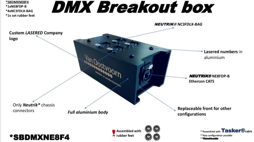 Tasker®Live DMX Breakout Box  with  Neutrik® 1  NE8FDP-B  -  4 NC3FDLXBAG  connectors and Tasker® cable.  Article SBDMXNE8F4