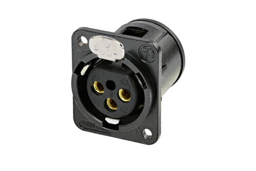 NC3FDM3-V-B<br />3 pole female receptacle, vertical PCB mount, black metal housing, gold contacts, M3 mounting holes