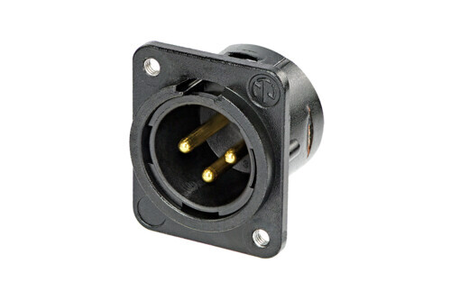 NC3MDM3-L-B-1  3 pole male receptacle, solder cups, black metal housing, gold contacts, M3 mounting holes