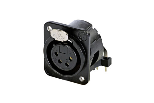 NC4FDM3-H-BAG-1    4 pole female receptacle, horizontal PCB mount, black housing, silver contacts, M3 mounting holes