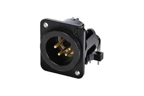 NC4MDM3-H-B-1<br />4 pole male receptacle, horizontal PCB mount, black housing, gold contacts, M3 mounting holes