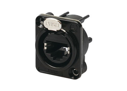 RRE8F-D-001-0<br />RJ45 Vertical PCB mount receptacle, D-shape metal flange with the latch lock