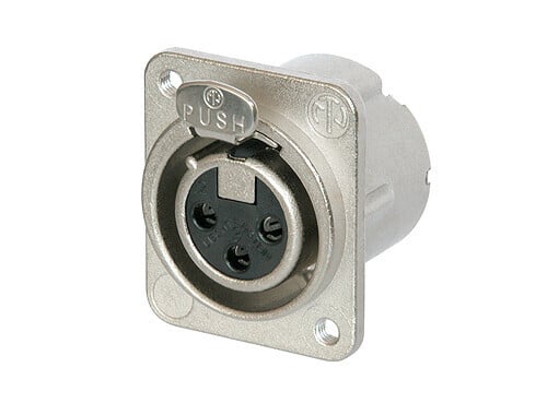 NC3FD-LX-M3<br /><br />3 pole female receptacle, solder cups, Nickel housing, silver contacts, M3 mounting holes