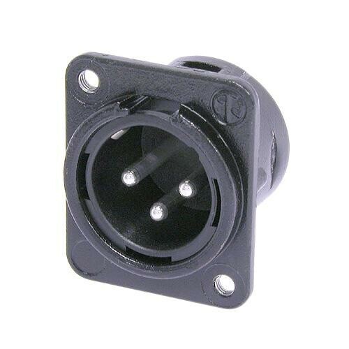 NC3MDM3L-BAG-1    3 pole male receptacle, solder cups, black metal housing, silver contacts, M3 mounting holes