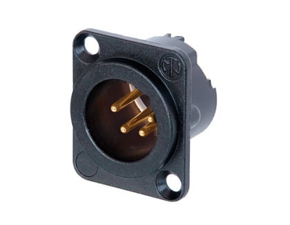 NC4MD-LX-B<br />4 pole male receptacle, solder cups, black metal housing, gold contacts