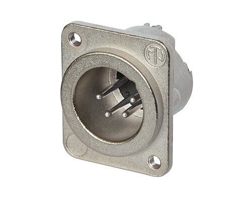 NC4MD-LX-M3<br />4 pole male receptacle, solder cups, Nickel housing, silver contacts, M3 mounting holes