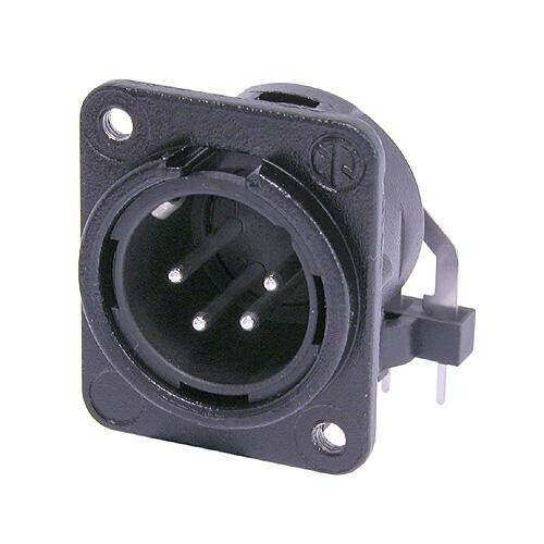 NC4MDM3-H-BAG   4 pole male receptacle, horizontal PCB mount, black metal housing, silver contacts, M3 mounting holes