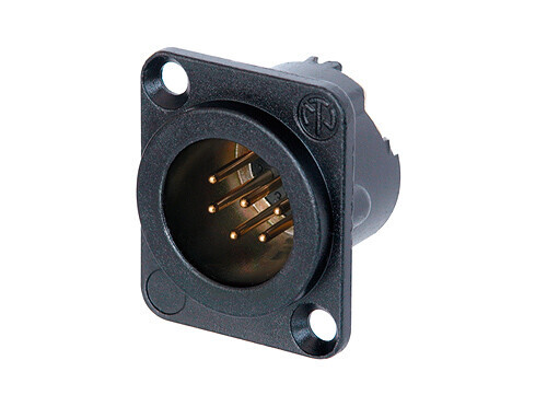 NC6MD-LX-B<br />6 pole male receptacle, solder cups, black metal housing, gold contacts