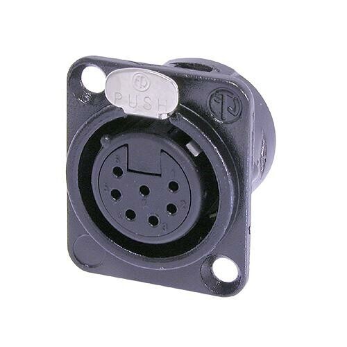 NC7FD-L-B-1<br />7 pole female receptacle, solder cups, black metal housing, gold contacts<br />Universal D-size metal body XLR panel mount series. UL recognized component.
