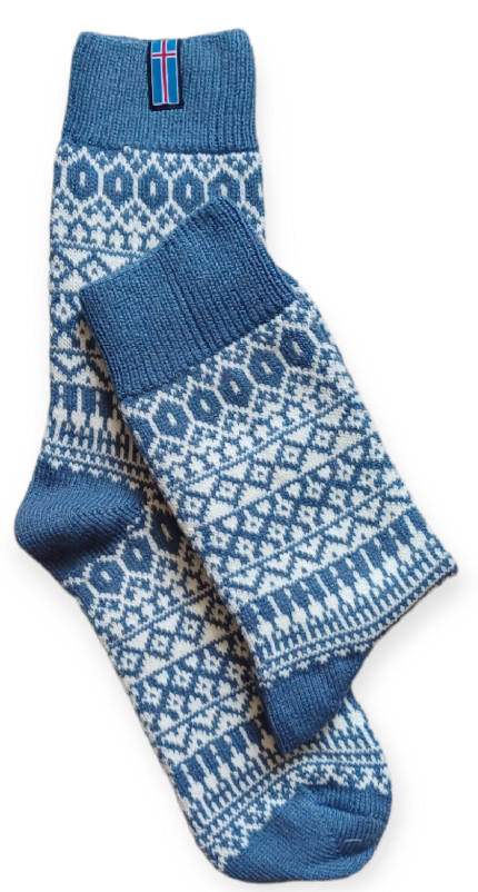 IJslandse wollen sokken: ijsblauw/ecru