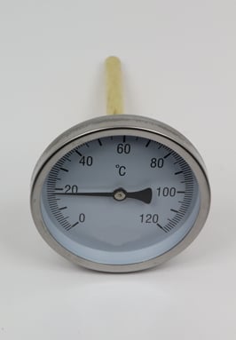 Thermometer diameter 100mm met inschroefhuls 1/2\" van 150mm lang, 0-120 graden voor boilers en buffervaten