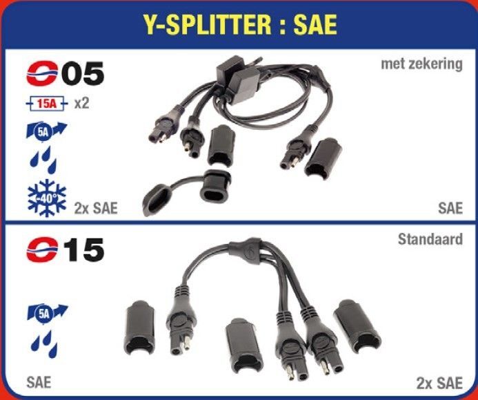 TECMATE OPTIMATE O-15 Y-splitter, SAE IN to 2 x SAE OUT