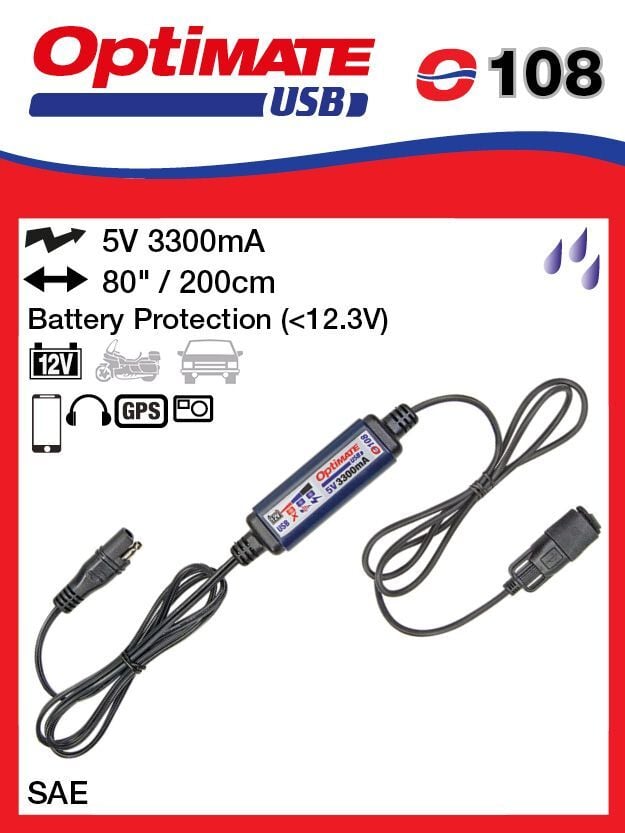 TECMATE OPTIMATE O-108 USBcharger with battery auto protect off, weatherproof, SAE, in & out cables.