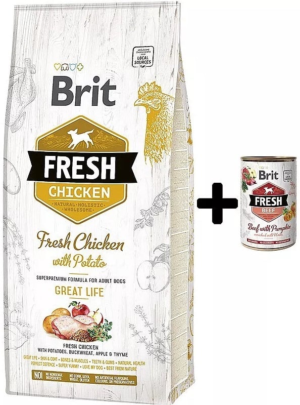 Brit Fresh Kip met aardappel Adult Great Life 12kg incl. blik