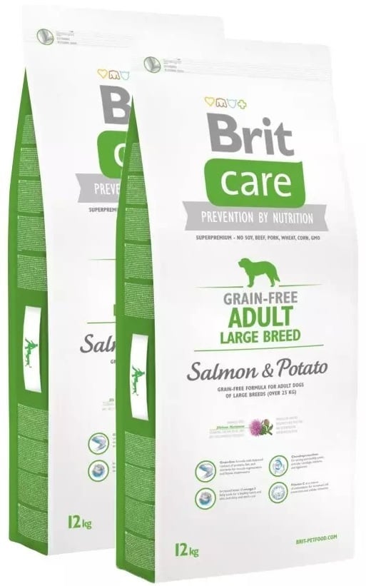 Brit care graanvrij adult large breed >25kg zalm&aardappel (2x12kg) + bonus