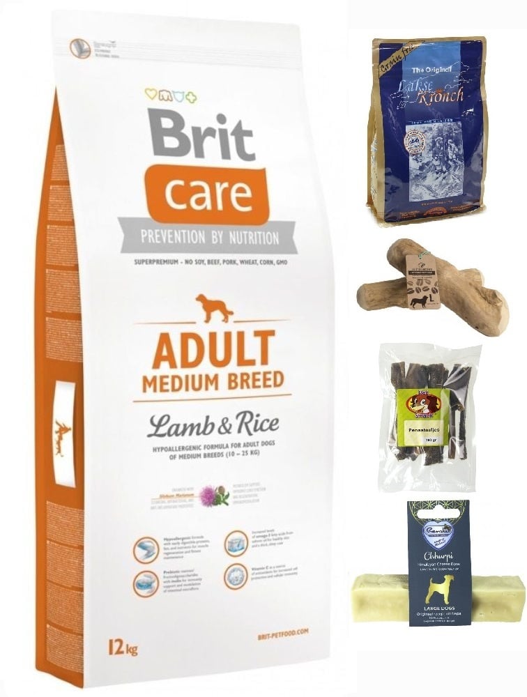 Brit care medium adult lam&rijst 12kg maandpakket incl snacks/koffieboomwortel M/Yak staaf M