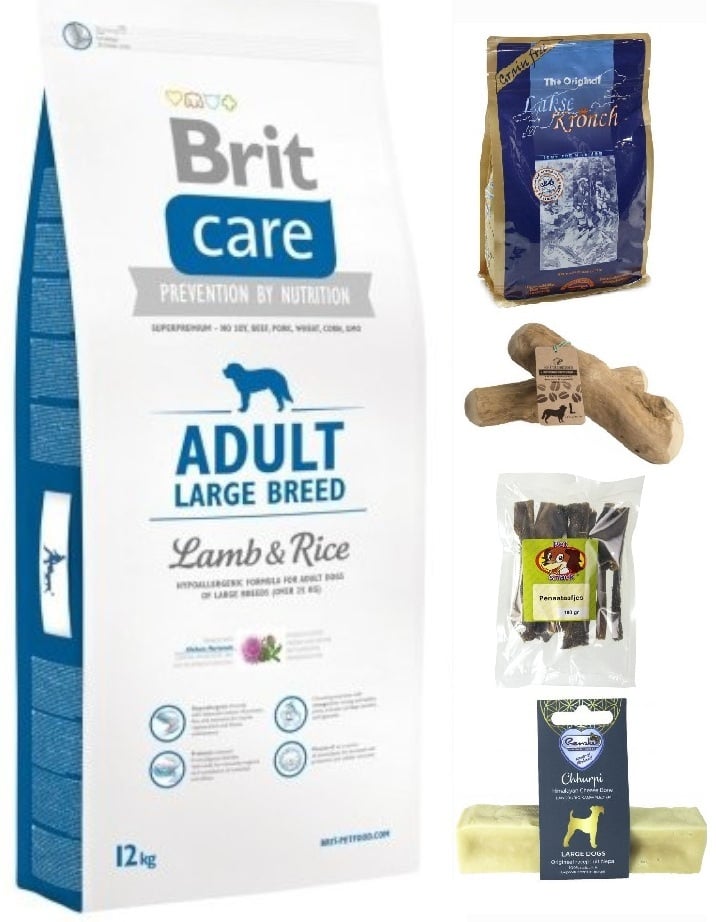 Brit care adult large lam&rijst 12kg maandpakket incl snacks/Yak staaf L/ koffieboomwortel L