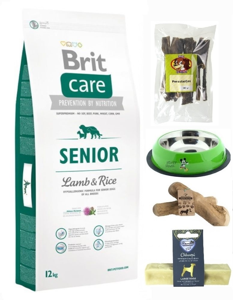 Brit care Senior lam&rijst hypo bundel 12kg + pens/voerbak/koffieboomwortel/yak kluif medium/large