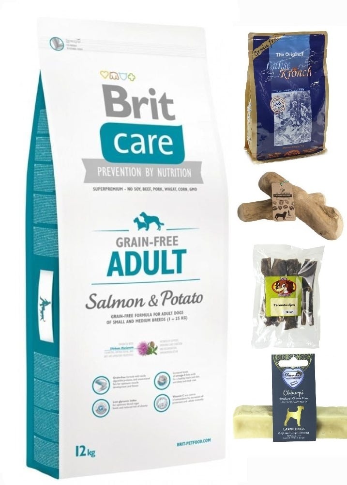 Brit care graanvrij adult zalm aardappel 12kg maandpakket incl Pens/zalm snacks/koffieboomwortel/yak kluif medium