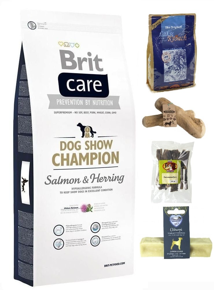 Brit care dog show champion bundel 12kg + pens/ zalm snacks /koffieboomwortel/ yak kluif medium/large