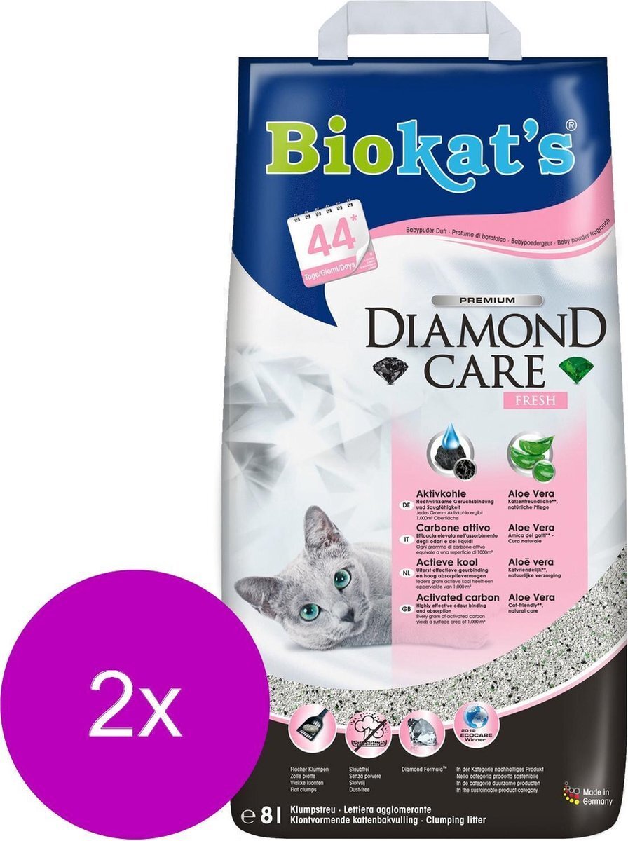 2 x 8liter Biokat's Diamond care fresh aloe vera geur kattenbakvulling ** let op enkel voor afhaal of eigen bezorgservice
