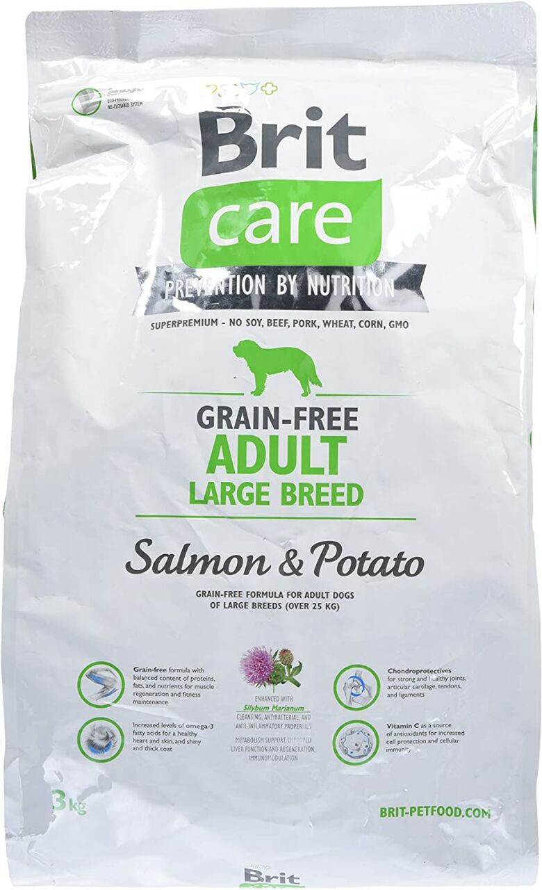 Brit care graanvrij adult large breed >25kg zalm&aardappel hypo allergeen 1kg Probeerverpakking