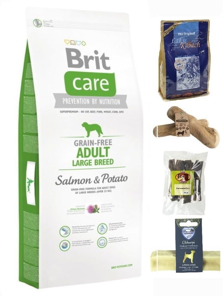 Brit care graanvrij adult large >25kg zalm aardappel 12kg + pens - zalm snacks / koffieboomwortel / yak kluif large