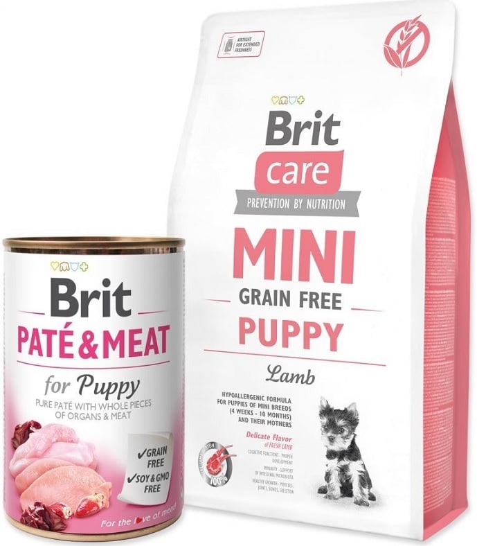 Brit care mini graanvrij Puppy Lam 2kg + blik puppy natvoer