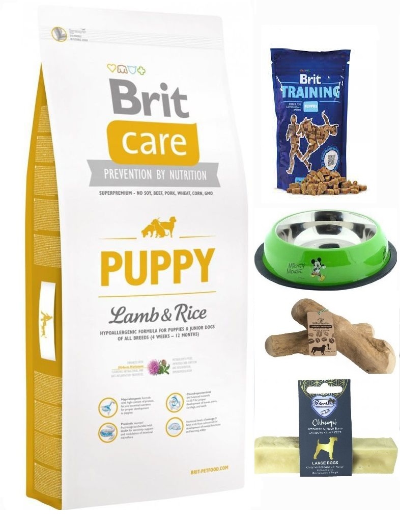 Brit care puppy lam&rijst bundel 12kg + puppysnacks/voerbak/koffieboomwortel/yak kluif small