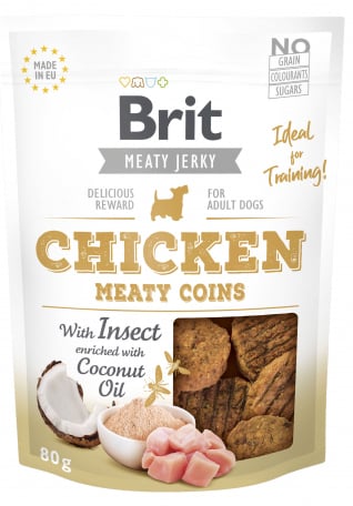 Brit Jerky snack Kip met insect meaty coins verrijkt met kokosnootolie 80 gram