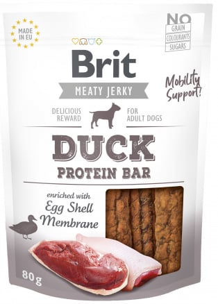 Brit Jerky snacks 85% Eend proteine bars verrijkt met eierschaalmembraam voor betere mobiliteit 80 gram