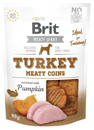 Brit Jerky snacks Kalkoen meaty coins verrijkt met pompoen 80 gram
