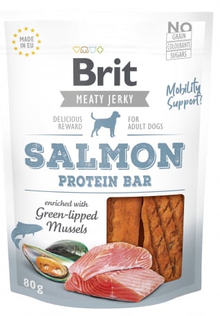 Brit Jerky snack Zalm proteine bars verrijkt met groenlipmossel ter ondersteuning van mobiliteit 80 gram