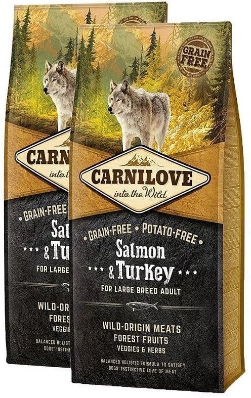 Carnilove adult hondenvoer Zalm&Kalkoen large breed (70% vlees) 2 x12kg dubbelpack + bonus