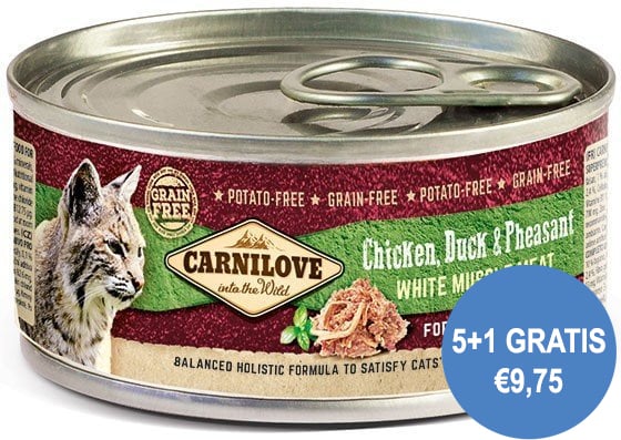Carnilove Kip, Eend en Fazant 5 +1 gratis 100 gram ** tijdelijk niet beschikbaar