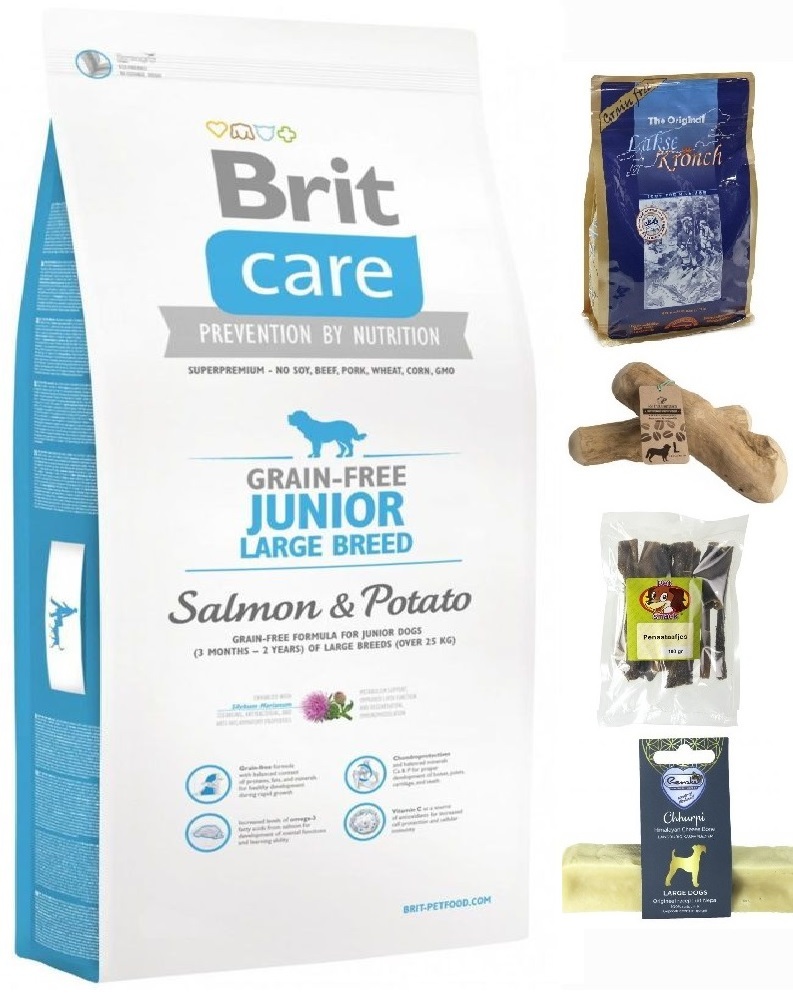 Brit care graanvrij junior large >25kg zalm&aardappel 12kg + pens - zalm snacks - koffieboomwortel - yak kluif