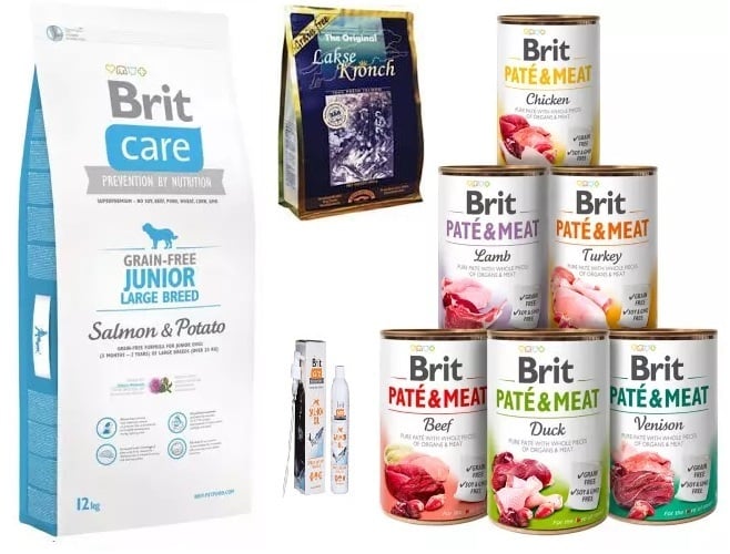 Maandpakket nr 2 Brit care junior large zalm droog / natvoer / snacks / zalmolie compleet
