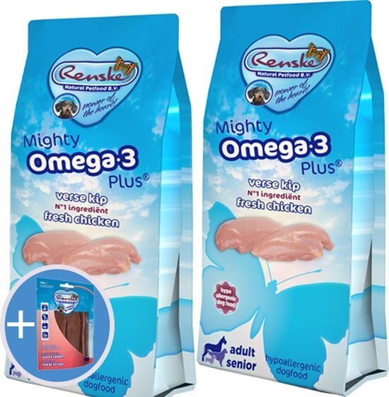 actie dubbelpack Renske Mighty Omega Plus Adult/senior Kip/rijst 2x15kg + vleesstrips