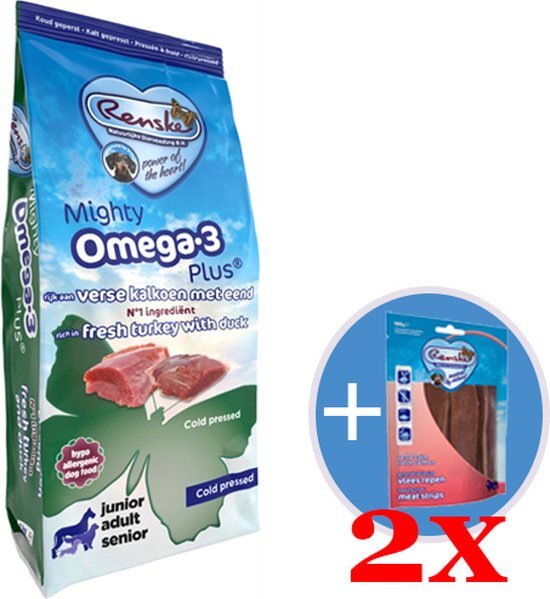 Actie Renske mighty omega plus kalkoen/eend geperst 15kg + 2 vleesstrips