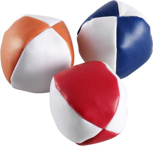 Set van 3 gekleurde jongleerballen in witte pouch.