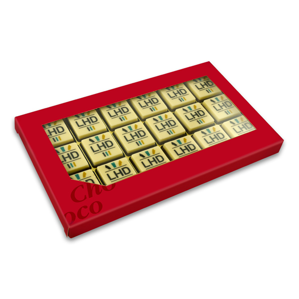 18 Chocolade logo blokjes in doos