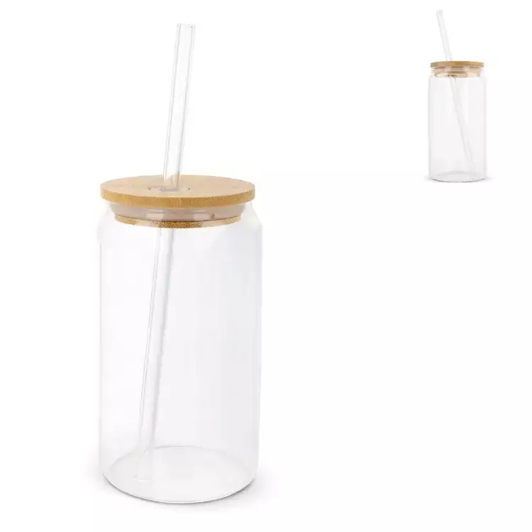 Glas met bamboe deksel & rietje
