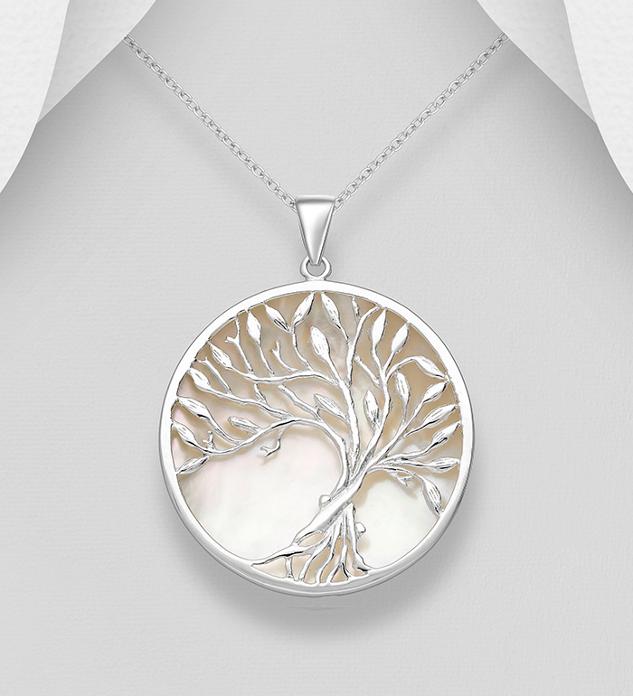 Zilveren hanger  " Levensboom met crèmekleurige natuursteen "