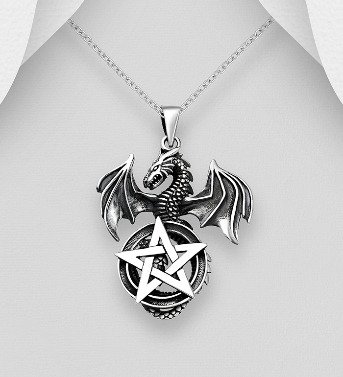 Zilveren hanger "  Draak met pentagram "